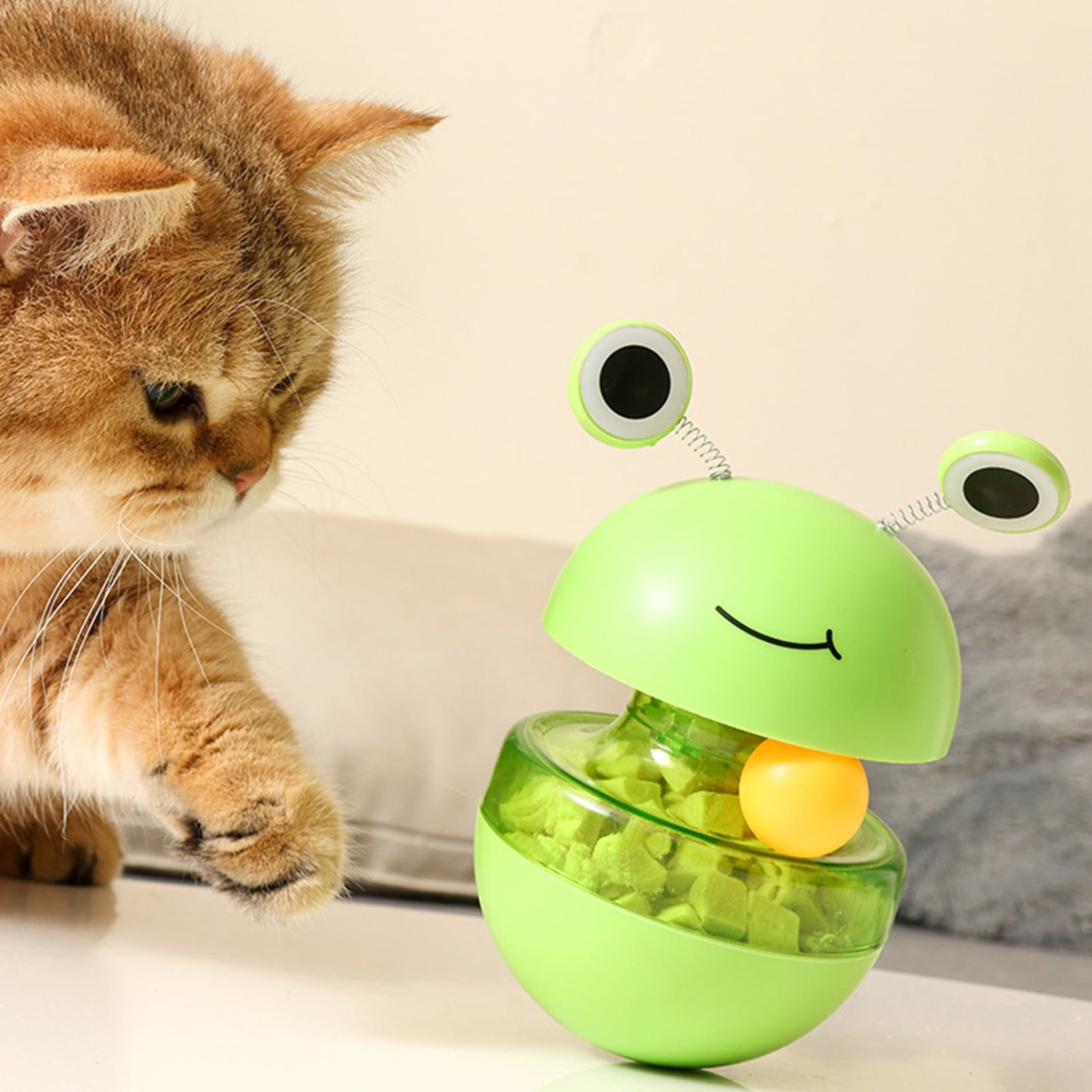 Cat Treat Puzzle, 2 in 1 Pet Slow Feeder Puzzle Ball, Frog Tumbler Cat Treat Toy, and Automatic Slow Feeder Ball for Cat and Kitten Training with Feather & Balls Green