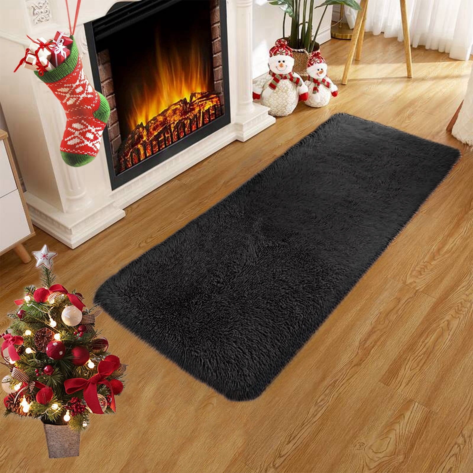 Soft Area Rug Fluffy Rugs for Living Room Bedroom Decor, Runner Rug for Hallway, Shag Furry Bedside Rug Indoor Accent Floor Carpet, 40*80cm Non-Slip Plush Rug for Kids Room Dorm Black