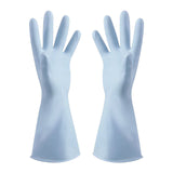 Light blue rubber dishwashing gloves with textured palms and cotton lining.