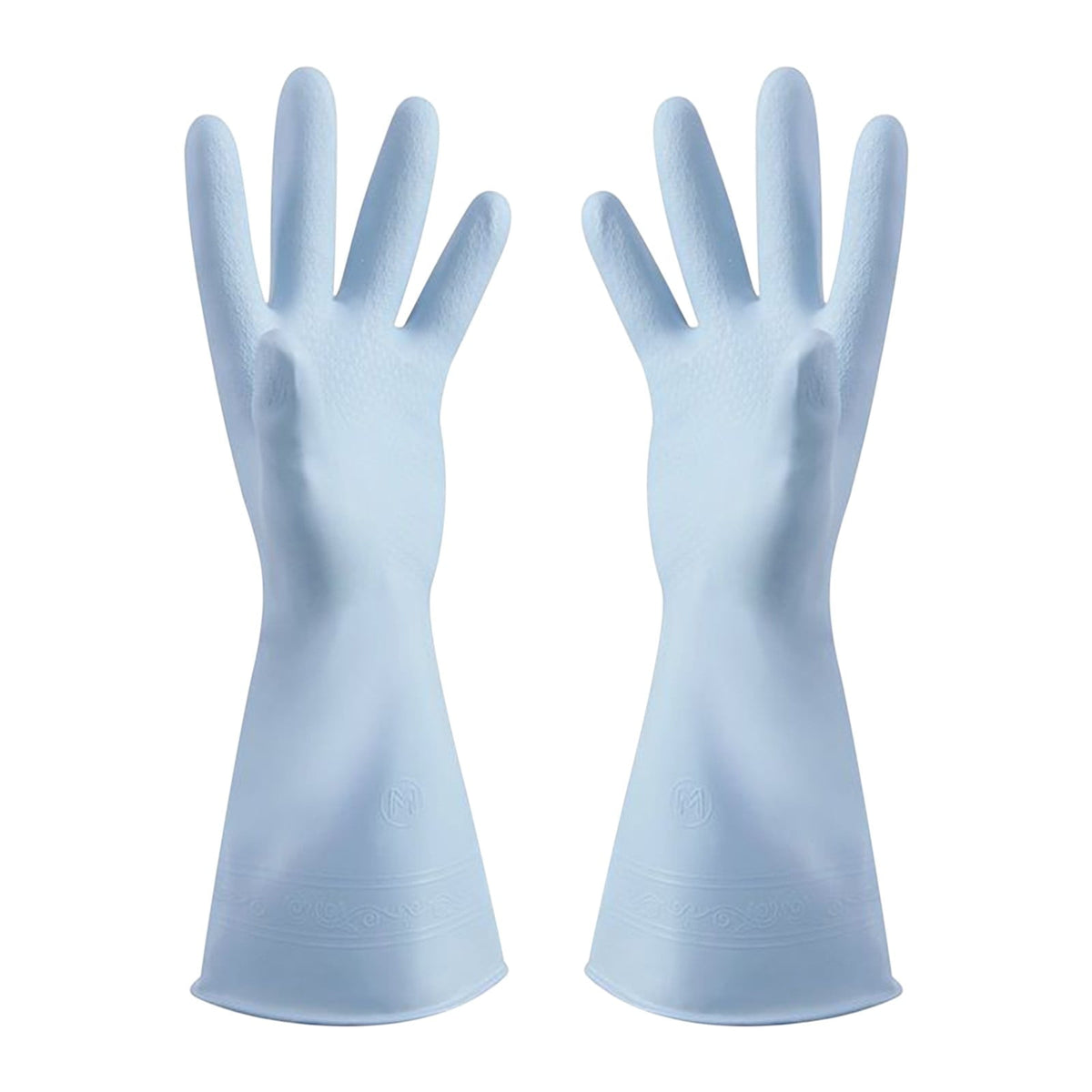 Light blue rubber dishwashing gloves with textured palms and cotton lining.
