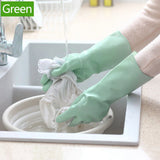 Mint green rubber dishwashing gloves with textured palms and cotton lining.