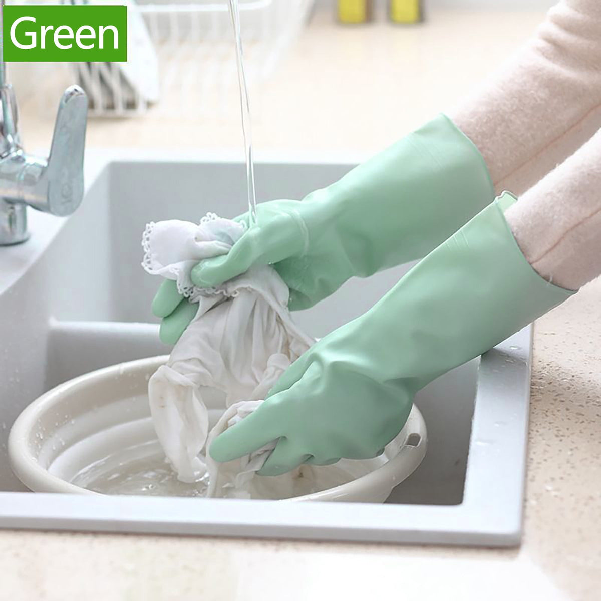 Mint green rubber dishwashing gloves with textured palms