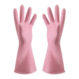 Pink rubber cleaning gloves with textured palms and extended cuffs.