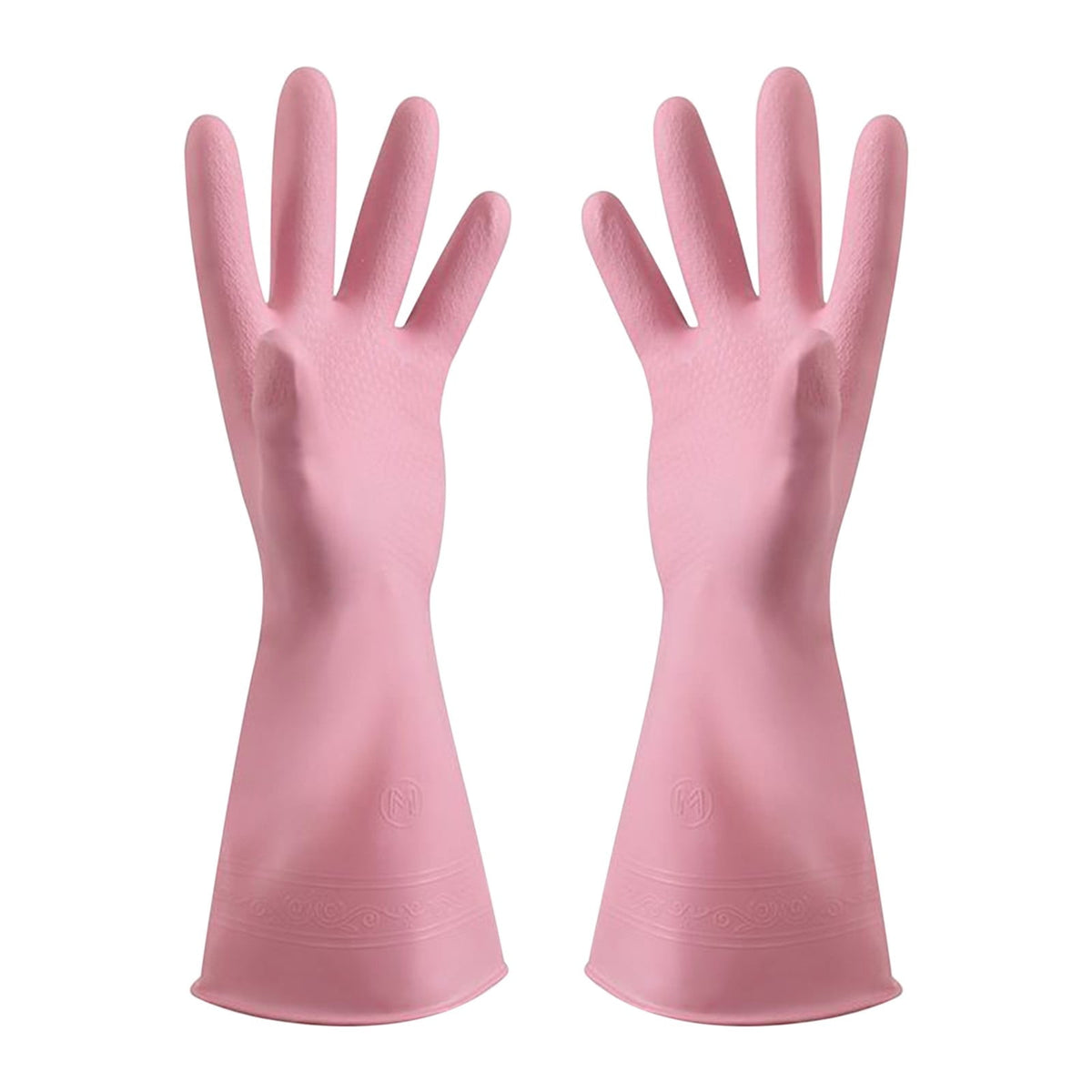 Pink rubber cleaning gloves with textured palms and extended cuffs.