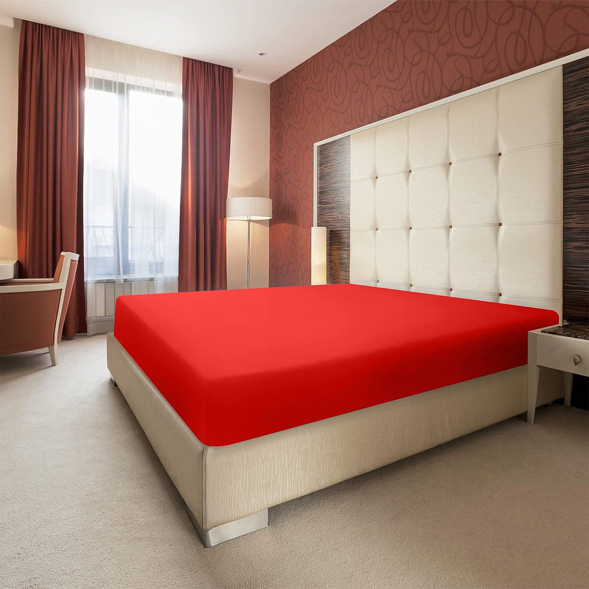 King Size Fitted Sheet, 100% Egyptian Cotton, Deep Pocket Premium Cotton Mattress Sheet,Double Bed Fitted Sheet Piece Non-Slip Fixed Bed Cover All-Inclusive Mattress Protection Bed Cover Red