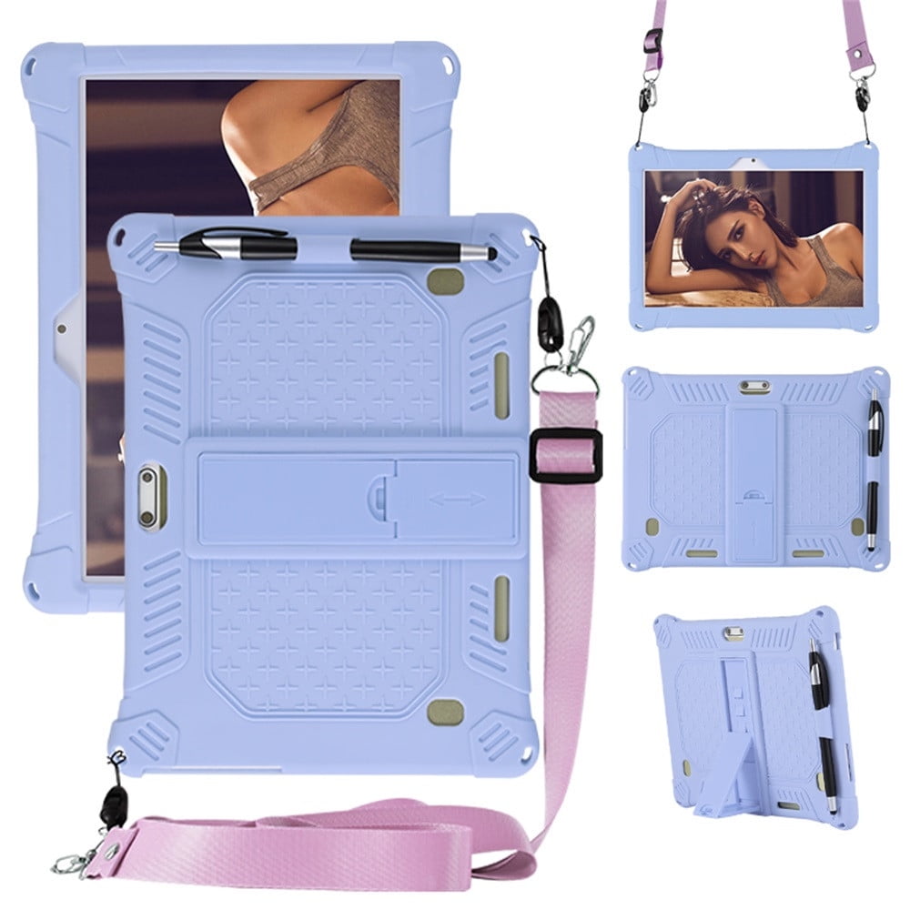 10,10.1 inch Silicone Tablet Case with Stylus Pen & Shoulder Strap, Universal Shockproof Silicone Cover Case,Soft Portable Protective Cover for Android Tablet PC Purple
