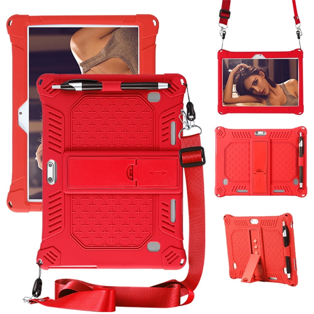 10,10.1 inch Silicone Tablet Case with Stylus Pen & Shoulder Strap, Universal Shockproof Silicone Cover Case,Soft Portable Protective Cover for Android Tablet PC Red