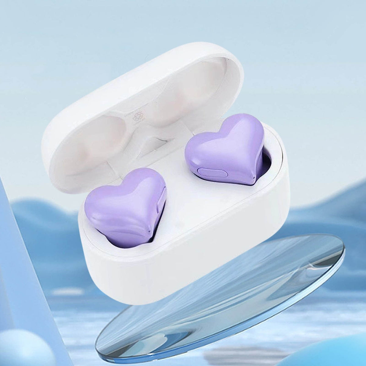 Heart Shaped Earbuds, Stylish Headphones HiFi Stereo Sound Waterproof Bluetooth 5.3 Earphones with Charging Case for Girls Women, Noise Reduction Sports Wireless In Ear Bluetooth Earphones Purple
