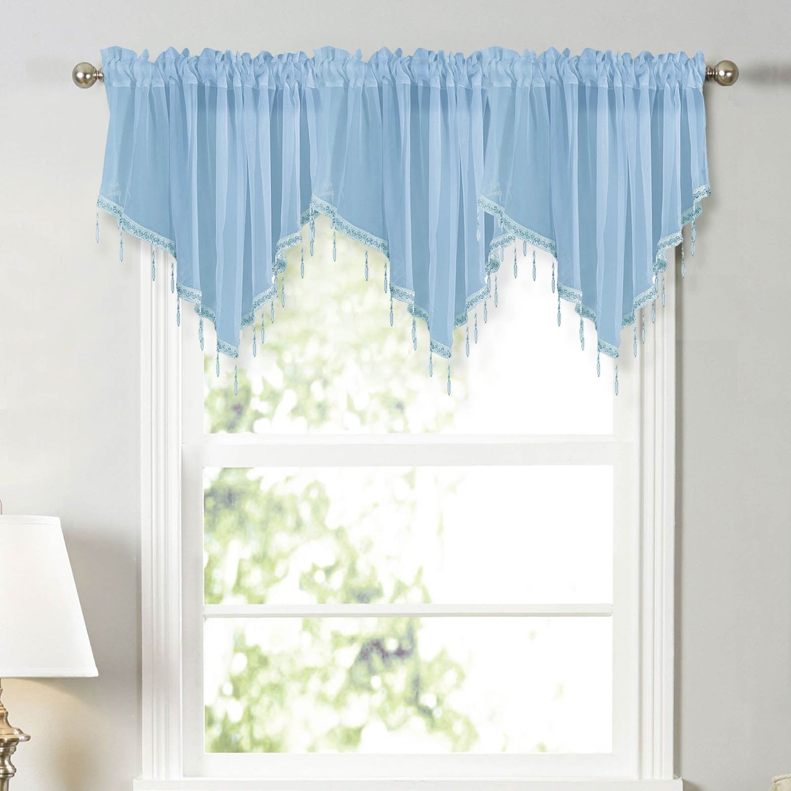 Sheer Beaded Semi Voile Solid Vintage Valances Rod Pocket Curtains for Window Garden Bedroom Kitchen Cafe Farmhouse,Floral Sheer Lace Shade Window Curtain With Scalloped Edges For Easy Hanging Sky Blue