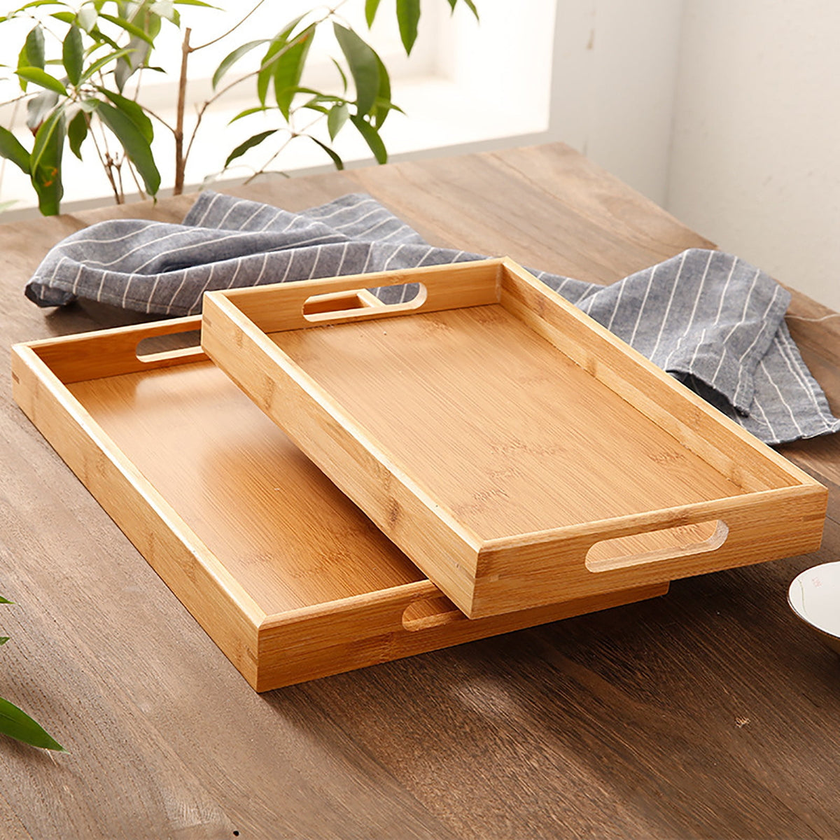 Serving Tray with Handles, Rectangular Bamboo Breakfast Food Tray Wooden Trays ,Natural Wood Tea Coffee Tray Decorative Serving Platter for Eating, Storing, Used in Bedroom, Kitchen,Outdoors Off-White