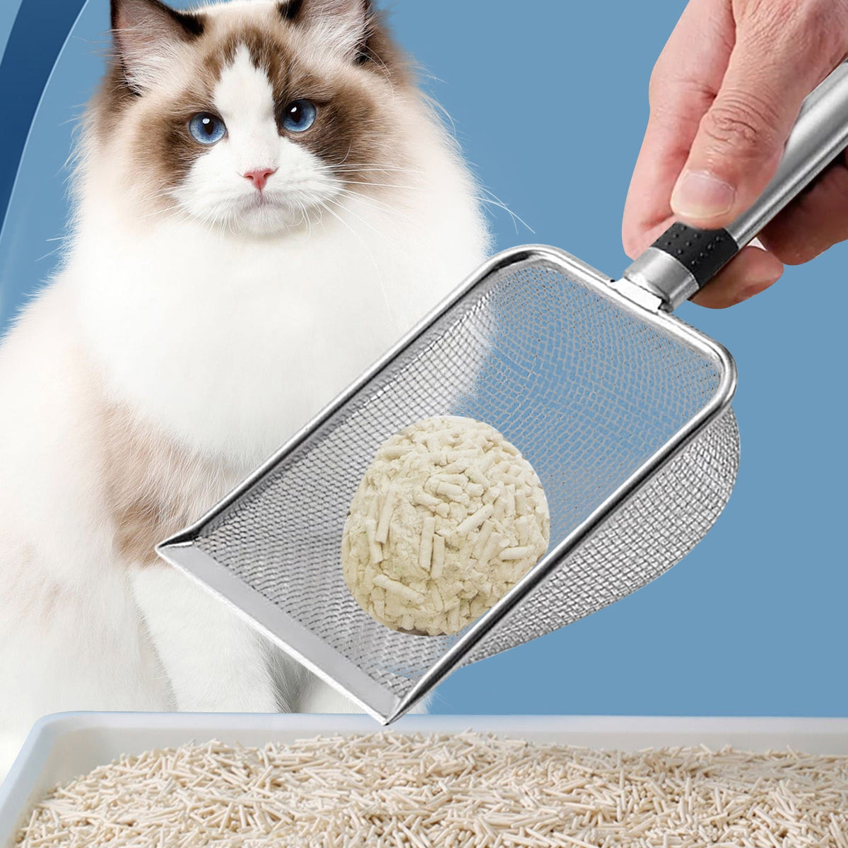 Stainless Steel Cat Litter Shovel - Mesh Shovel with Small Holes, Fine Mesh Sand Scoop for Litter Box Cleaning, Feces Screening Shovel, 10cm Deep for Easy Waste Separation, Comfortable Handle