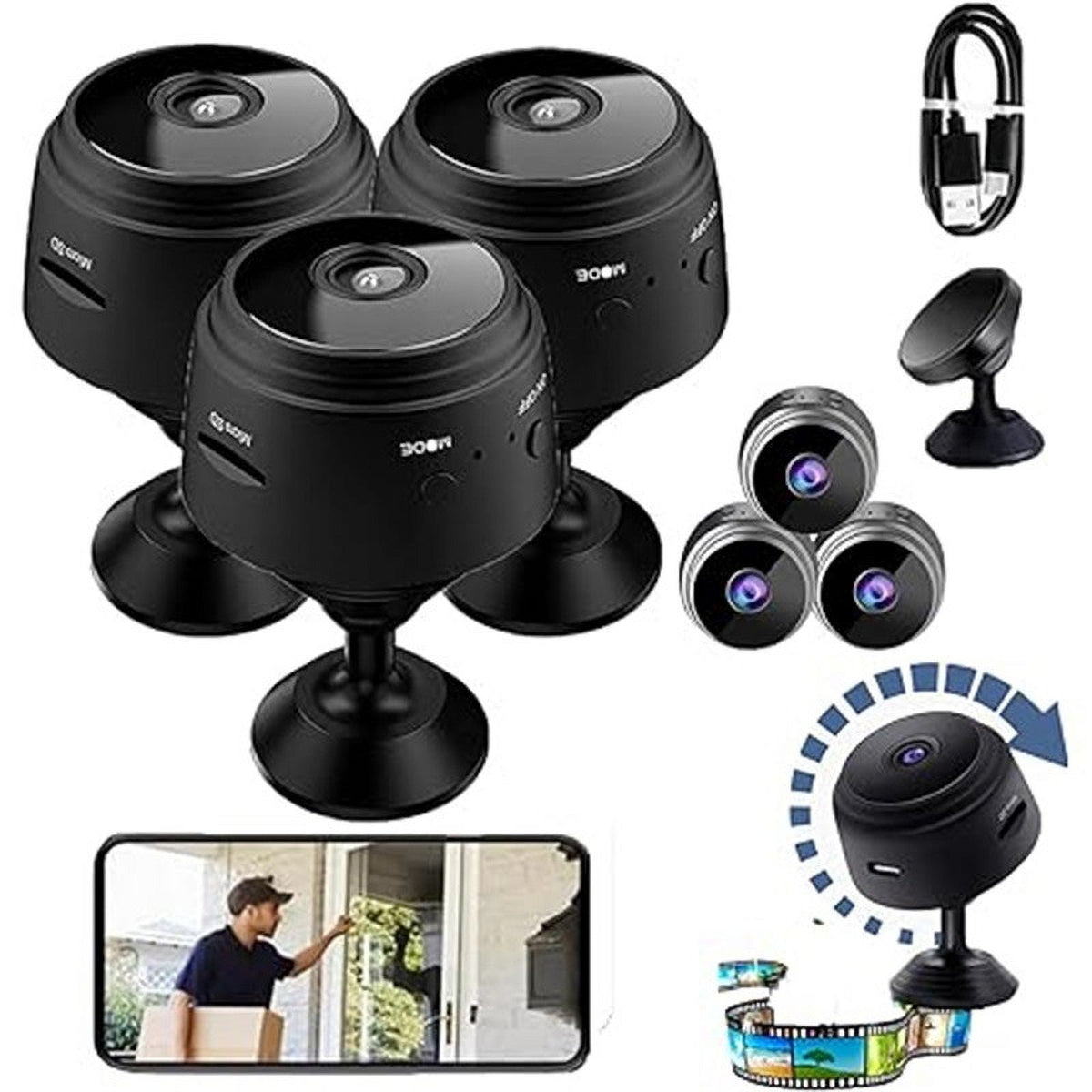 Magnetic Mini Security Camera - 3 Pack 1080P WiFi Wireless Security Camera - Motion Detection, Night Vision, Loop Recording, USB Rechargeable, Indoor & Outdoor Use, Home/Office Surveillance
