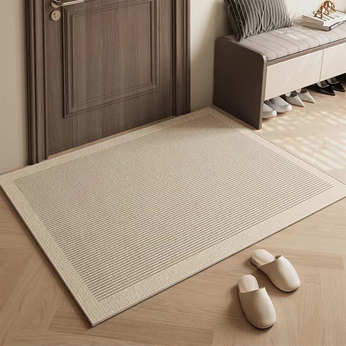 Ultra Thin Door Mat Indoor Enrance,Thin Door Mats for Inside Entry,Non-Slip Rubber Backing Entryway Rug,Absorbent Washable Floor mats for Bathroom,Striped Carpet Bedroom Carpet 23.6x15.7in Beige