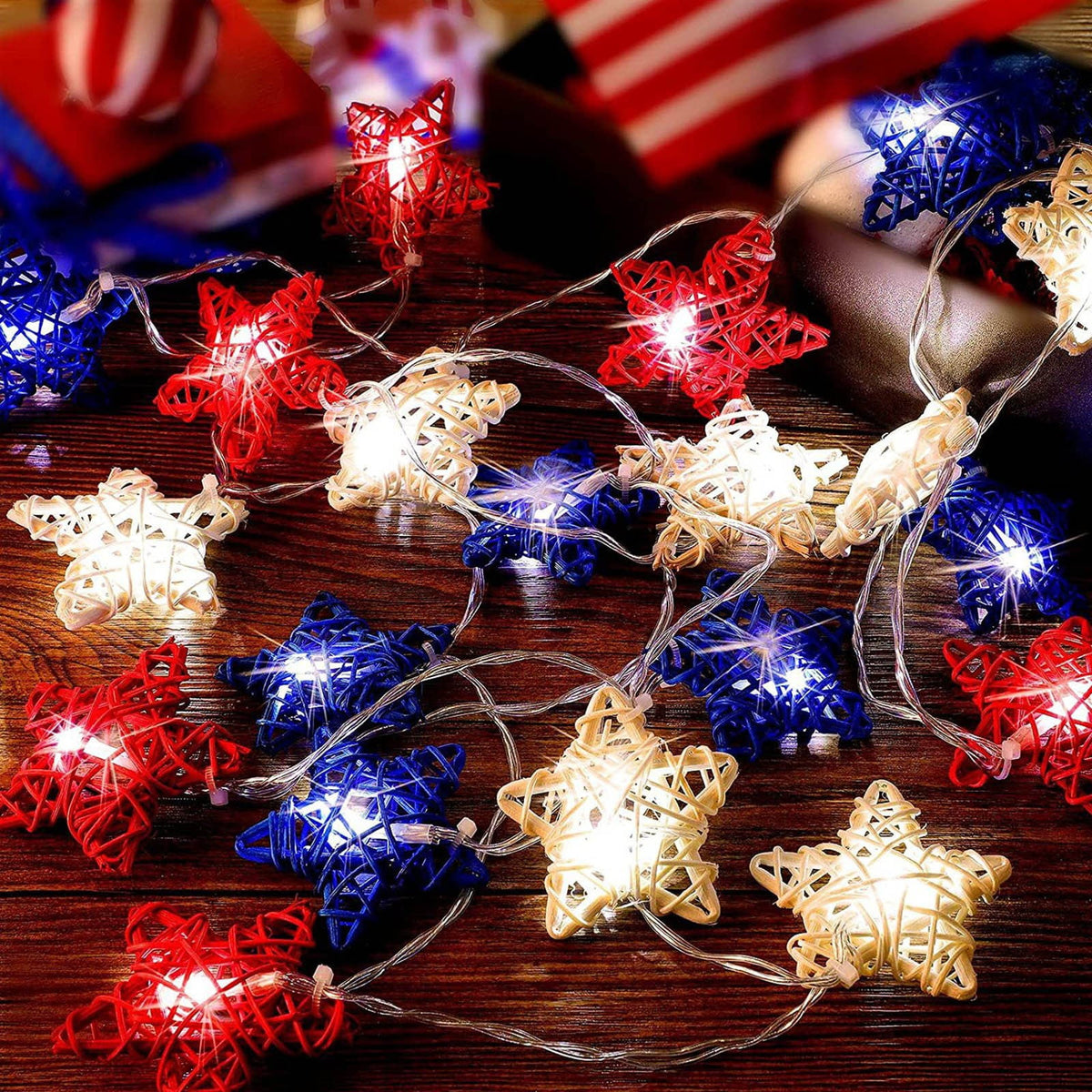 20 LED Star Decorative Lighting String, 10 Ft Red White and Blue Christmas Lights, for Indoor Party, 4th of July, Memorial Day, Decorations Rattan Stars Patriotic Lights Battery Operated A