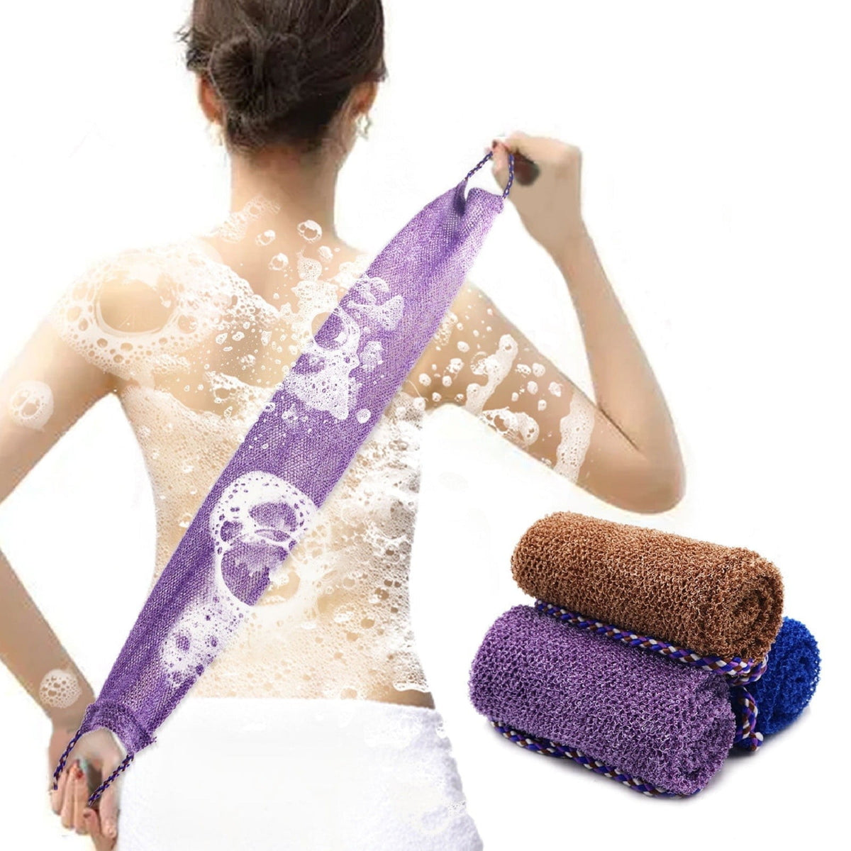 3 Pieces African Net Sponge with Handles Long African Exfoliating Net Washcloth Bath Sponge Net Cloth Wash Net Body Back Scrubber for Shower Loofah, 31.5x5.9 31.5" x 5.9" Blue*1 Brown*1 ruple*1