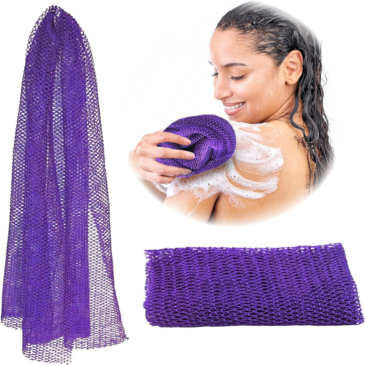 African Net Sponge, Authentic, Real, Exfoliating Bath Wash Cloth, Long Sponge, Body Exfoliator, Sapo, Shower Bath Accessories, Back Foot Scalp Scrub, Flat Dead Skin Remover, 31.5x11.8 31.5" x 11.8" Purple
