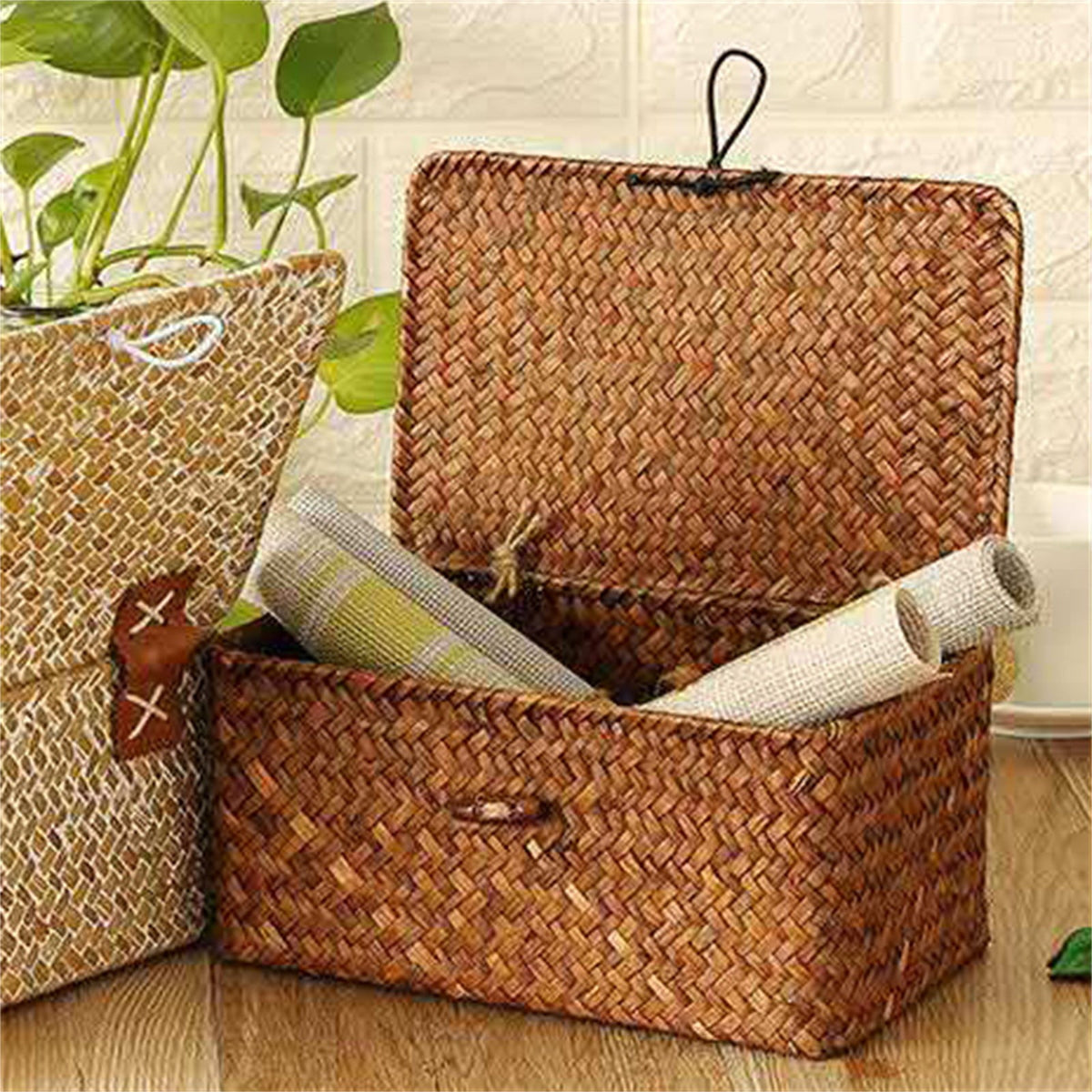 Wicker Shelf Baskets Bin with Lid, Handwoven Seagrass Basket Storage Bins Rectangular Household Basket Boxes for Shelf Wardrobe Home Organizer, Coffee Color 10.2" x 6.3" x 3.9" Brown