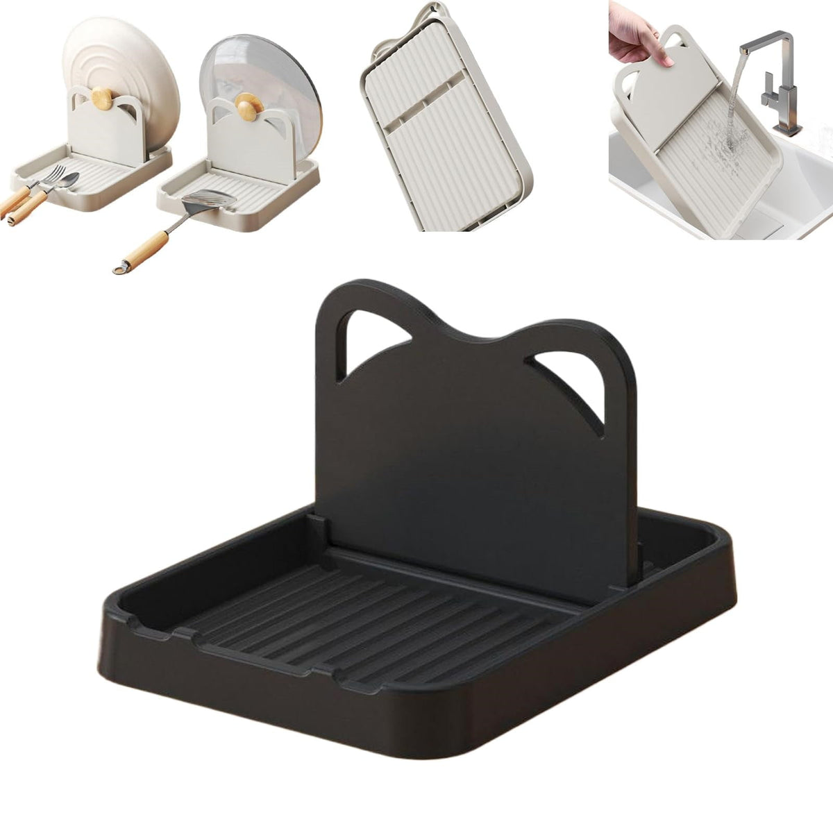 Silicone Spoon Rest with Lid, Heat-Resistant Foldable Utensil Holder for Spatulas, Kitchen Counter Organizer, Stove Top Safe Gray 7.28x5.51x4.13' 7.28" x 5.51" x 4.13" Black