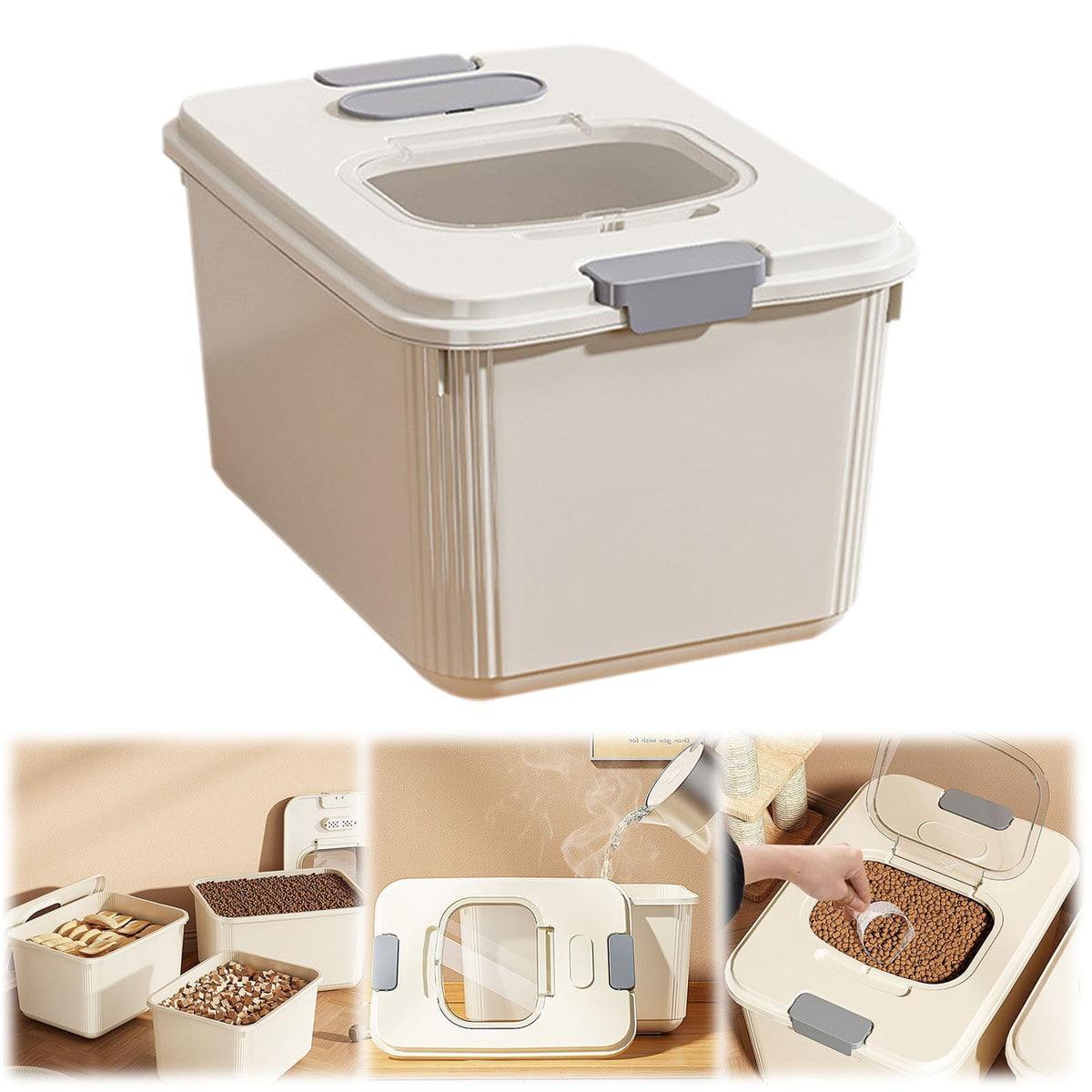 Airtight Pet Food Storage Container for Dog Cat Food Up to 10lbs Large Dry Food Bin with Measuring Cup Lids for Treats and Other Pets (10 LB), 6.31x9.44x7.08 7.99" x 10.55" x 6.49" Beige/Small