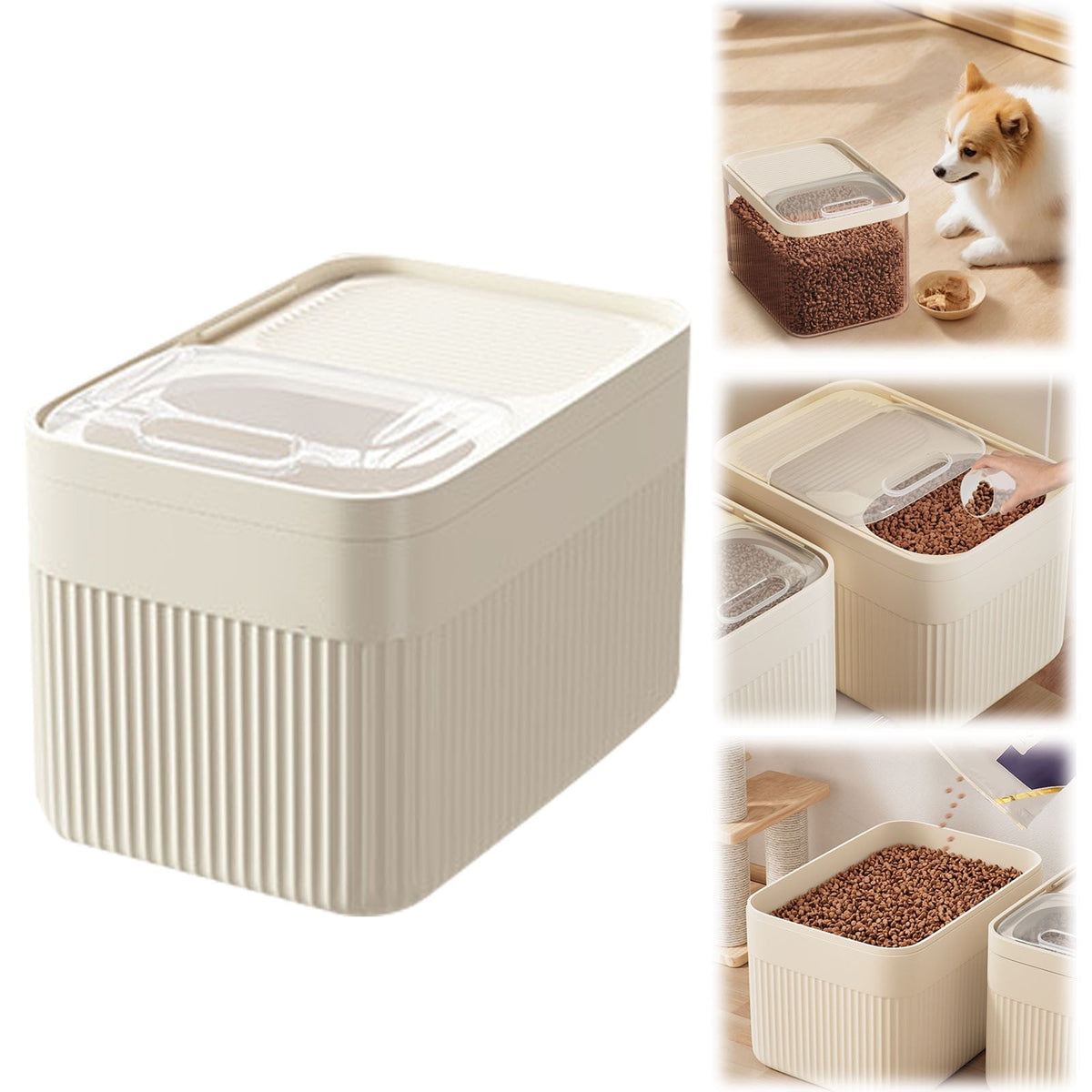 Airtight Pet Food Storage Container for Dog Cat Food Up to 10lbs Large Dry Food Bin with Measuring Cup Lids for Treats and Other Pets (10 LB), 6.31x9.44x7.08 6.31" x 9.44" x 7.08" White