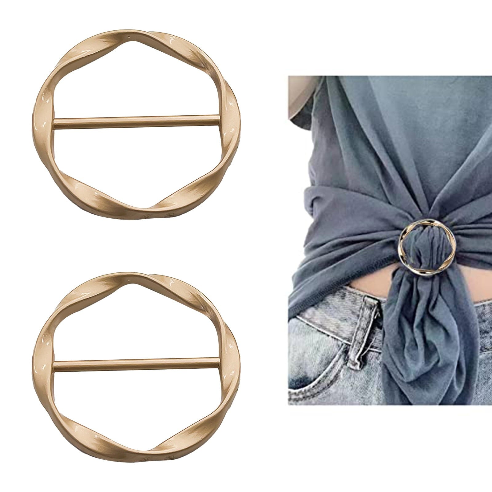 2 PCS Scarf Ring Clips Waist Buckle Clip T-Shirt Tie Pin Clip for Women Fashion Metal Circle Buckle for Clothes Hat Belt Decor, Black, 1.37Inches 1.37" Beige