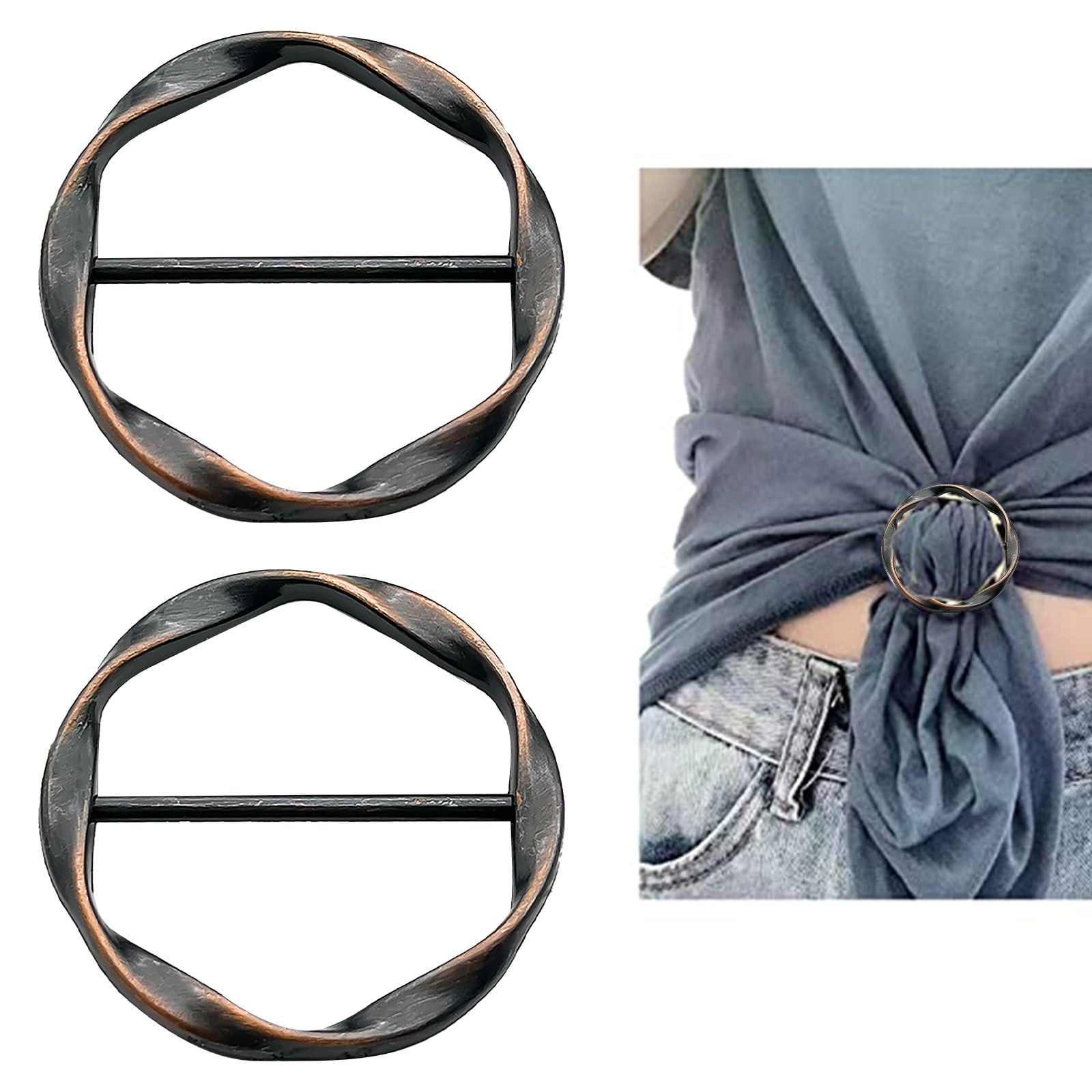 2 PCS Scarf Ring Clips Waist Buckle Clip T-Shirt Tie Pin Clip for Women Fashion Metal Circle Buckle for Clothes Hat Belt Decor, Black, 1.37Inches 1.37" Black