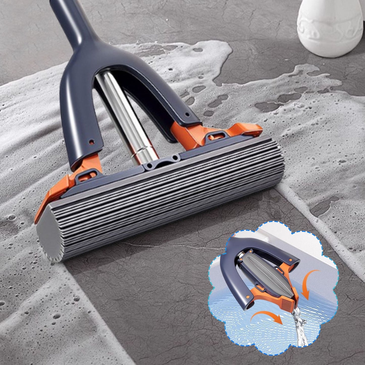 Sponge Mop with Roller Wringer Self Squeezing Floor Cleaner No Hand Contact Thickened Rubber Head for Tile Hardwood (37cm)