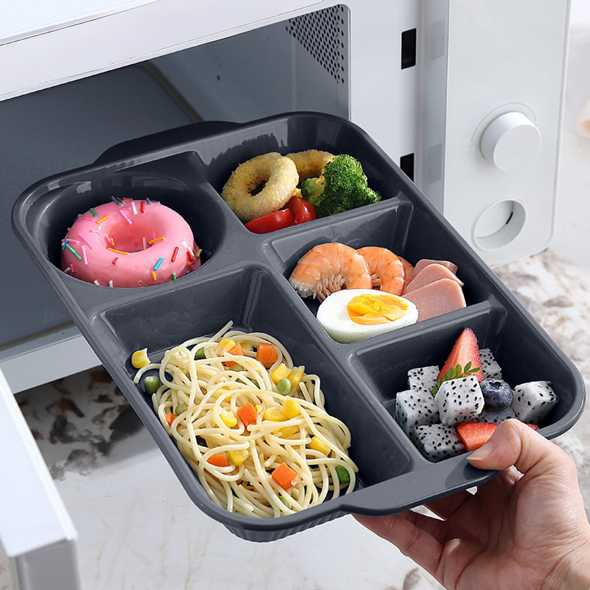 Unbreakable Divided Reusable Plastic Lunch Tray with 6 Compartments, Large Portion Control Plate for Adults, Microwave & Dishwasher Safe for Daily Meals Gray