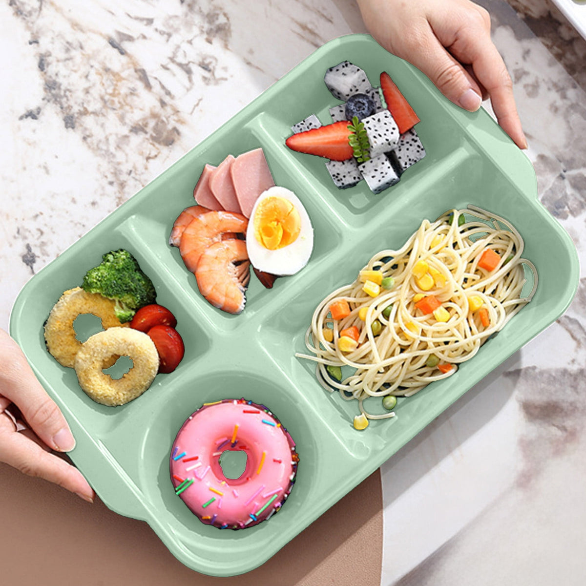 Unbreakable Divided Reusable Plastic Lunch Tray with 6 Compartments, Large Portion Control Plate for Adults, Microwave & Dishwasher Safe for Daily Meals Green