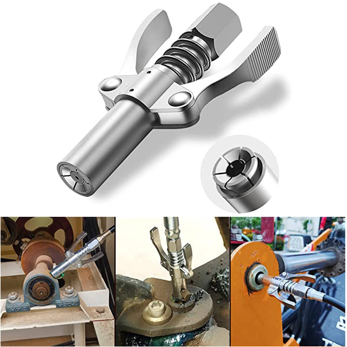 Grease Gun Coupler Grease Gun, Tip Quick Lock and Release Lube Grease Gun Fittings, Grease Nozzle Coupler Upgraded to 12000 Psi, Compatible with All Grease Guns 1/8" Npt, 3.54Inches 3.54" silver