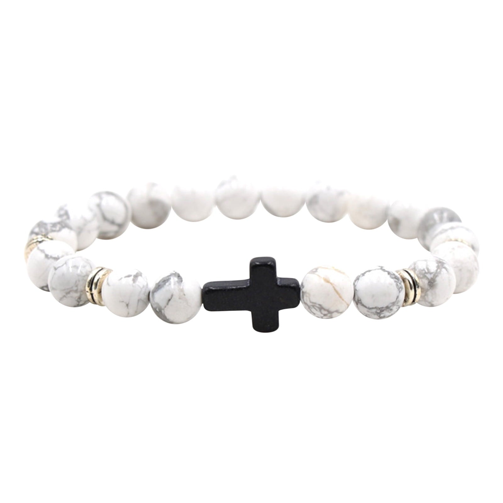 Natural Stone Black Cross Stretch Bracelet Elastic Thread Beaded Unisex Jewelry - One Size Fits Most Wrist, Spiritual Healing Crystal Bead Gift, Up to 60% OFF Black