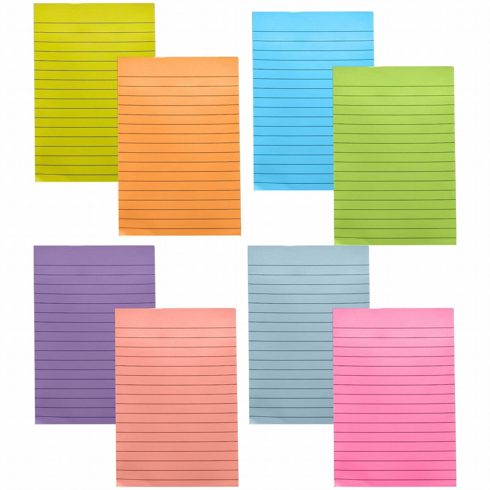Eight pastel colored lined sticky notes, 4x6 inches, 50 sheets per pad.