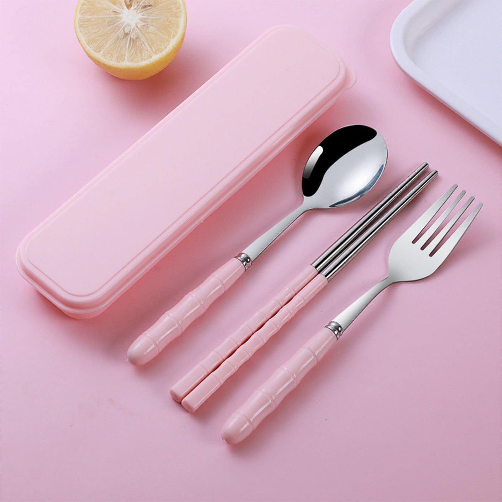 Stainless Steel Portable Cutlery Set with Case - Spoon Fork Chopsticks Utensil Kit for Office School Picnic Travel Bento Lunch, Up to 60% OFF Pink