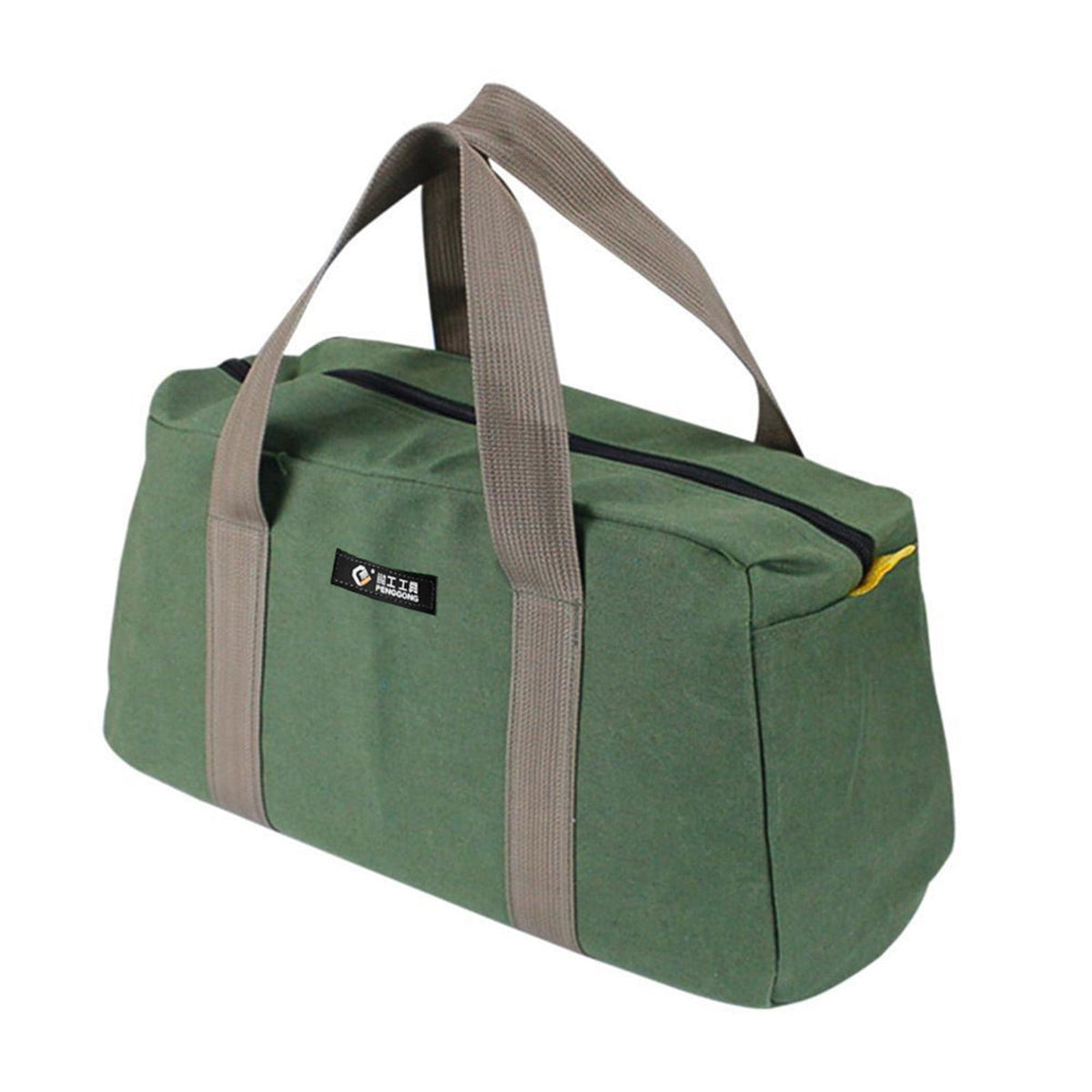 Green canvas tool bag with a waterproof hard bottom and wide mouth opening.