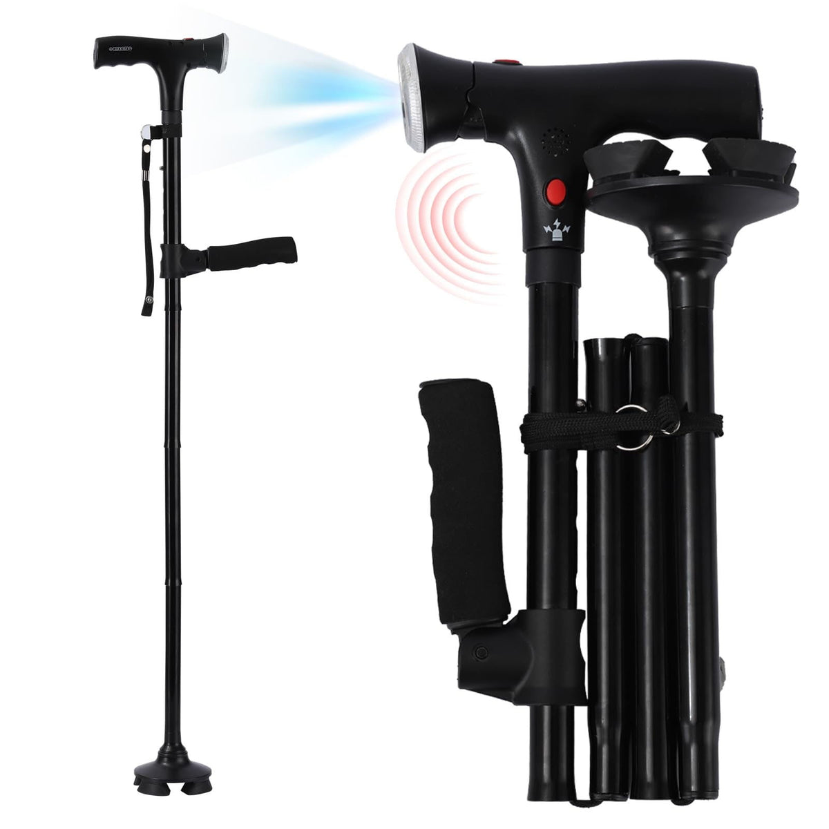 Walking Cane with Led Light and Alarm, Heavy Duty Folding Cane, Adjustable Cane Suitable for Arthritis Disabled and Elderly, Cane with Cushioned T Handle and Swivel Four Pedestal, 6.2x12.4 6.2" x 12.4" Black