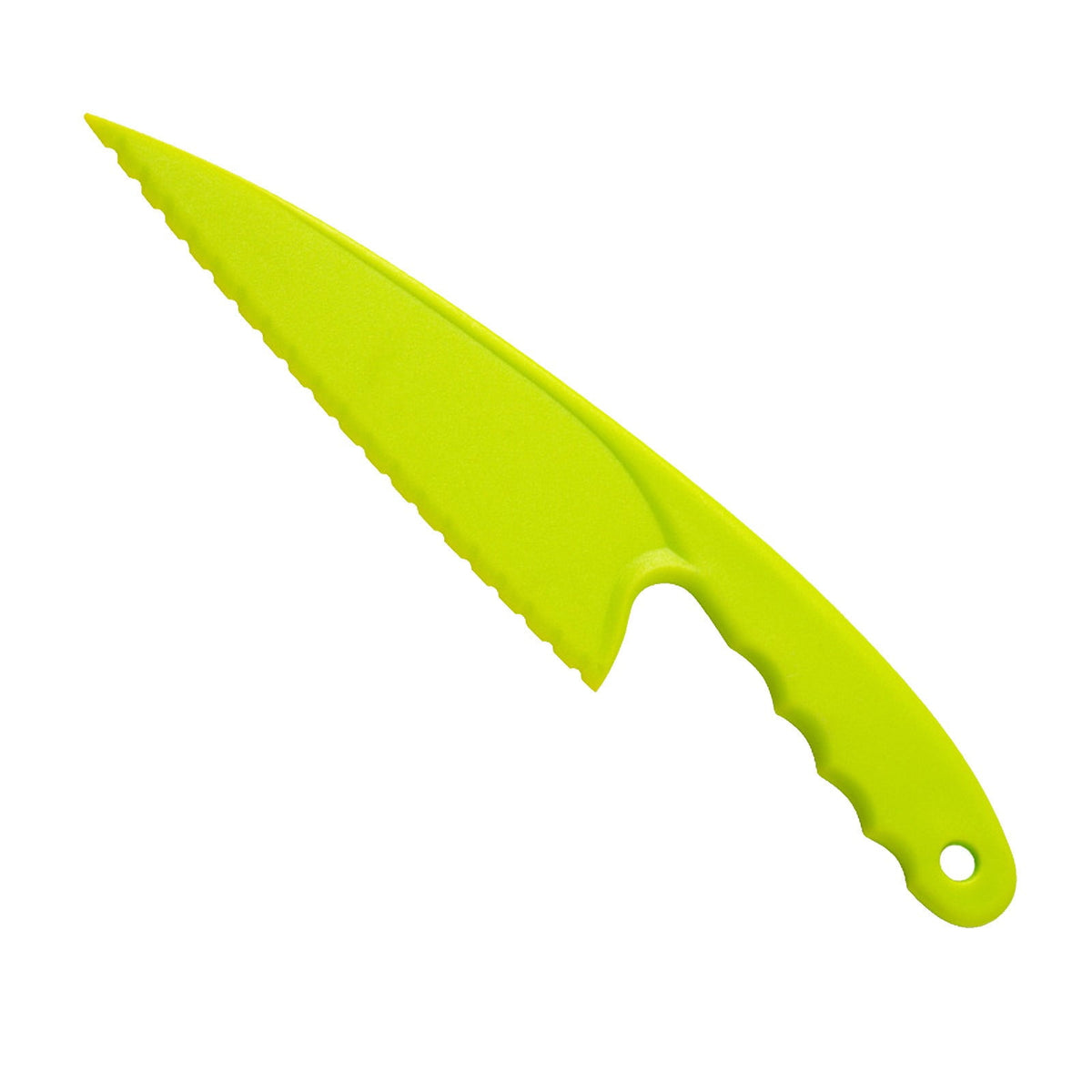 Green plastic knife with serrated edge for cutting bread and fruit.