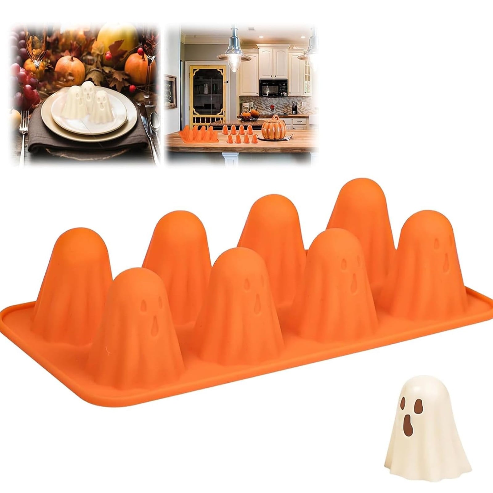 3D Ghost Silicone Molds, Halloween Silicone Baking Molds, Ghost Chocolate Candy Mold for Halloween Party Favors, Jelly Pudding Fondant Muffin Gummy Soap Candle Ice Cubes Crayon DIY Resin Crafts 8.3" x 10.2" Orange