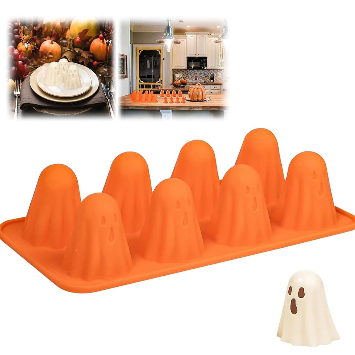 3D Ghost Silicone Molds, Halloween Silicone Baking Molds, Ghost Chocolate Candy Mold for Halloween Party Favors, Jelly Pudding Fondant Muffin Gummy Soap Candle Ice Cubes Crayon DIY Resin Crafts 8.3" x 10.2" Orange