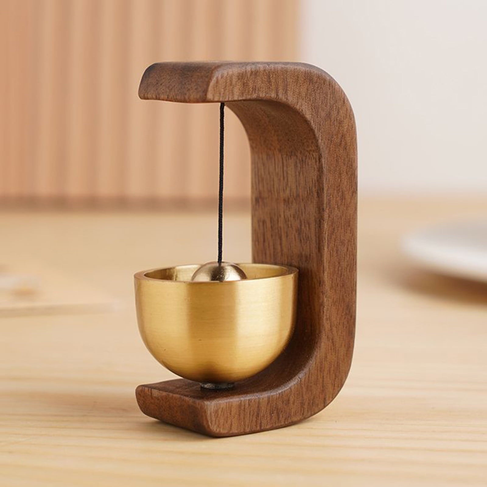 Magnetic Beech Wood Doorbell Chime with Brass Accent Shopkeeper Style Hanging Entryway Decor for Store Wall Mount Easy Installation Self-Adhesive or Magnet Mount Home Security Alert Brown