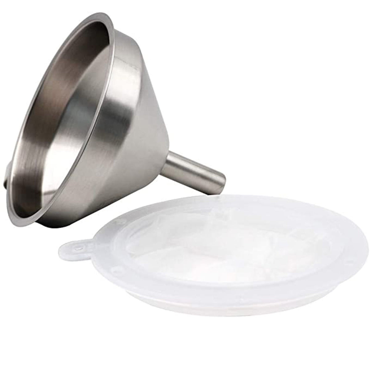 Silver stainless steel funnel with a removable 100 mesh strainer.