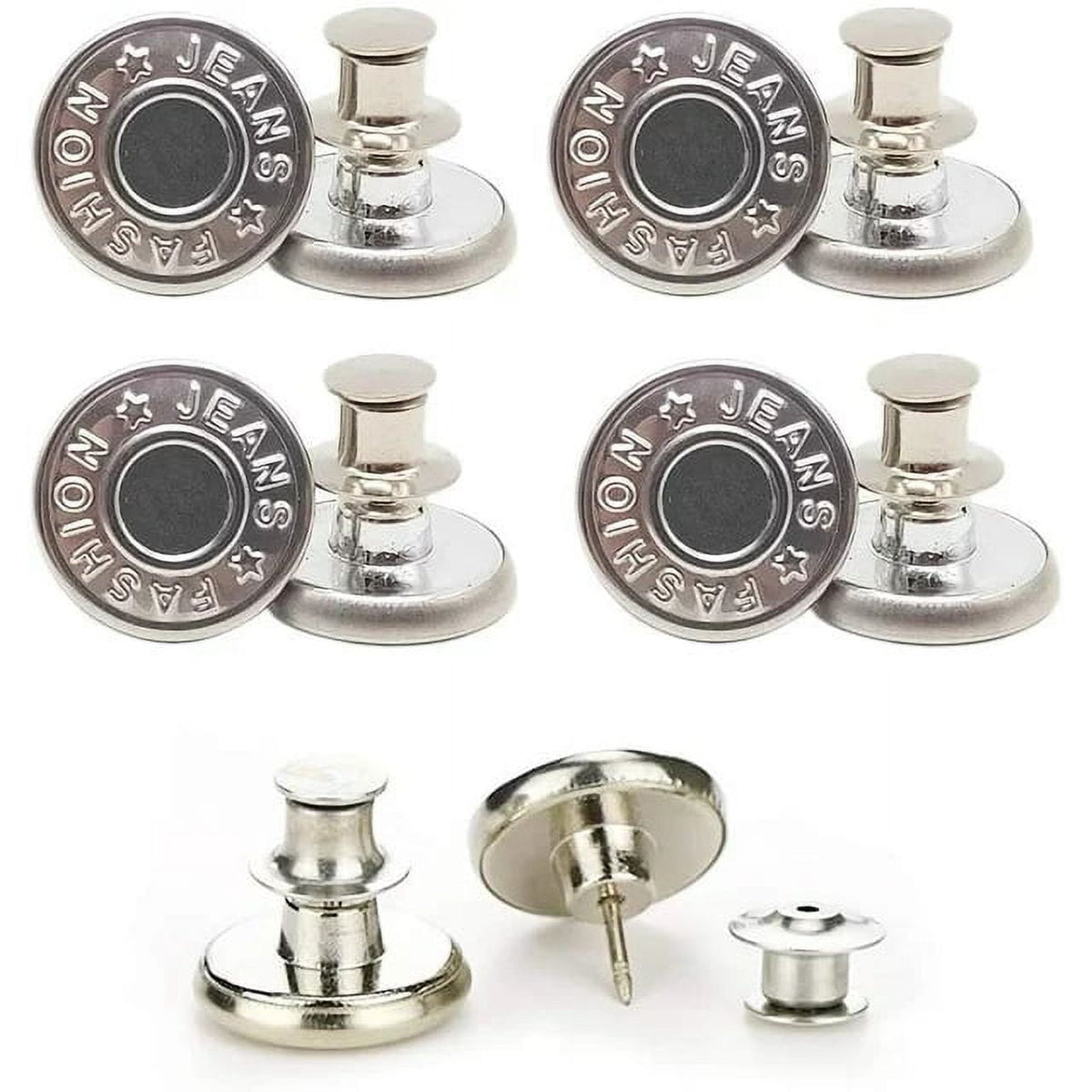 Button Pins for Loose Jeans, No Sew and No Tools Instant Replacement Snap Tack Pant Button, Reusable and Adjustable Metal Pants Button Tightener, 4 Sets, 0.67 Inches 0.67" Silver