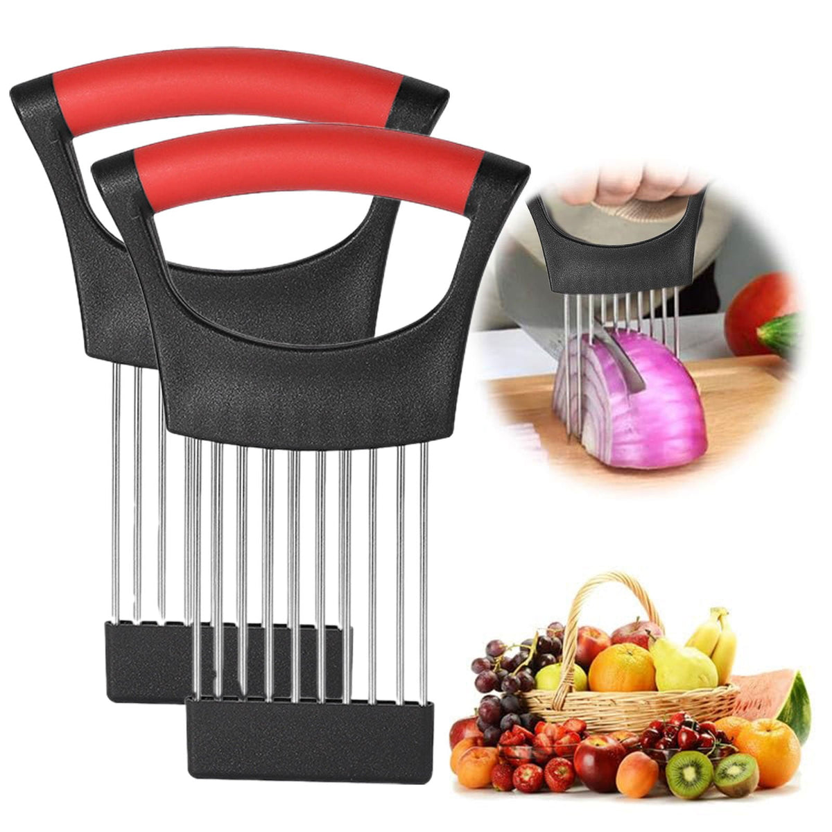 Onion Holder for Slicing Onion, Slice Holder Kitchen Chopper Assistant Tool, Vegetable Cutter with Protective Cover for Tomato, Lemon, Potato, Egg, Food Slice Assistant, Home Kitchen Tool, 2 Pcs 3.74" x 5.63" Red/2 Pcs