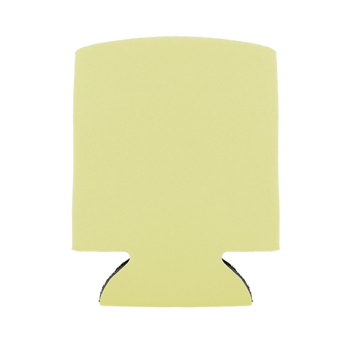 Light yellow nylon can cooler sleeve with open bottom.