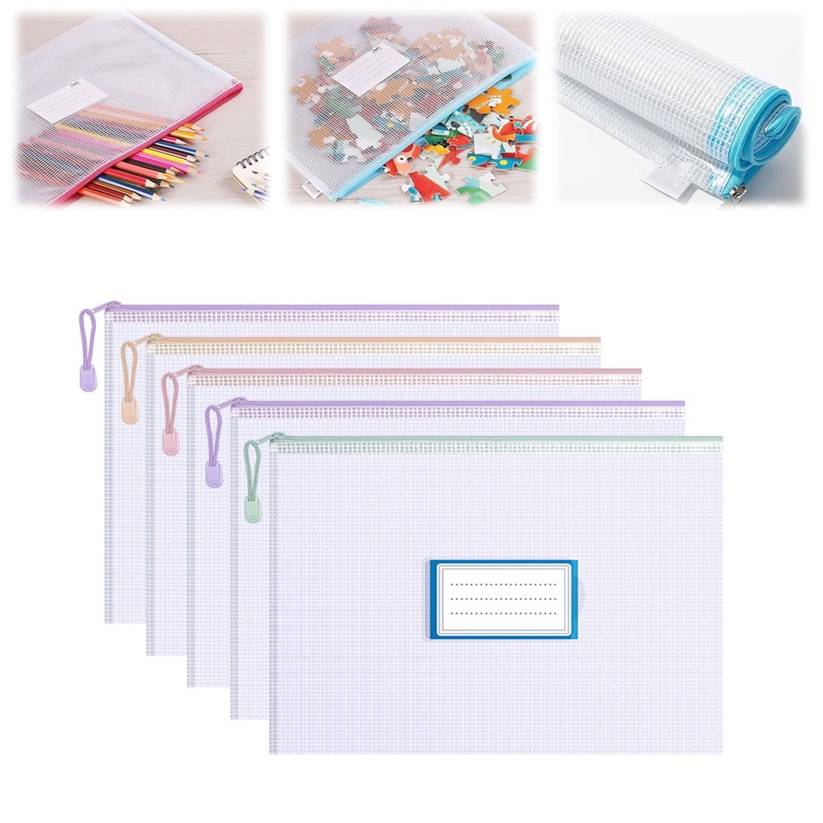 Zipper Mesh Document Pouch, 13.39x9.06 Inch/A4, Plastic Water-Resistant File Bags, for Office Supplies, Cosmetics Travel Storage, Assorted Color, 10 Pcs, 5 Color 12.99x9.25" Blue