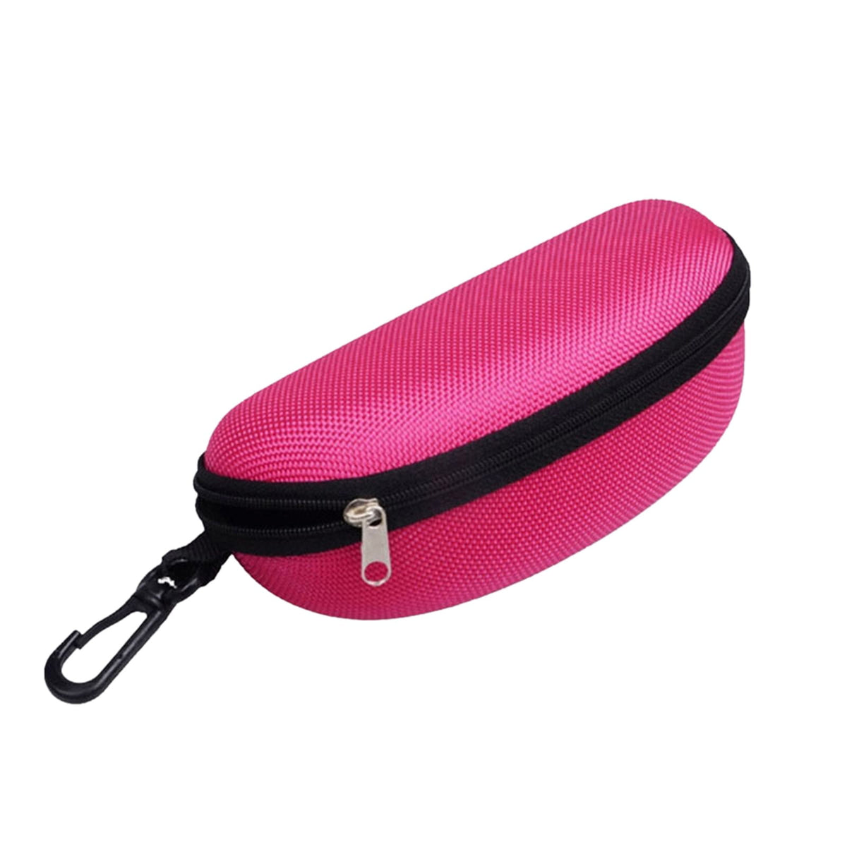 Hot pink hard shell sunglasses case with carabiner and zipper.
