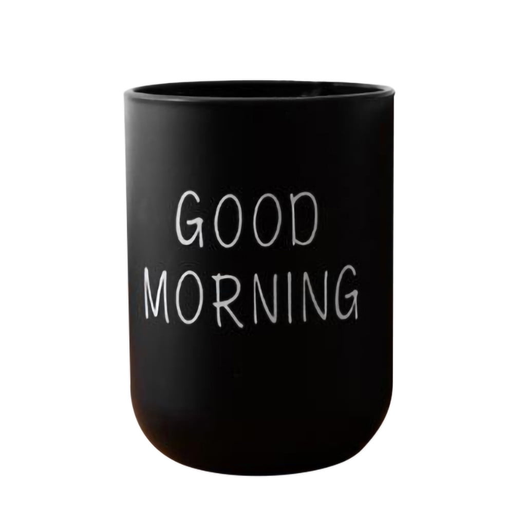 1PC Unbreakable Plastic Bathroom Cup - 12oz Toothbrush Holder & Reusable Tumbler for Drinking & Mouthwash. Easy to Clean, Available in 5 Colors, Good Morning Printed(Black,2.5x2.5x3.5") Black