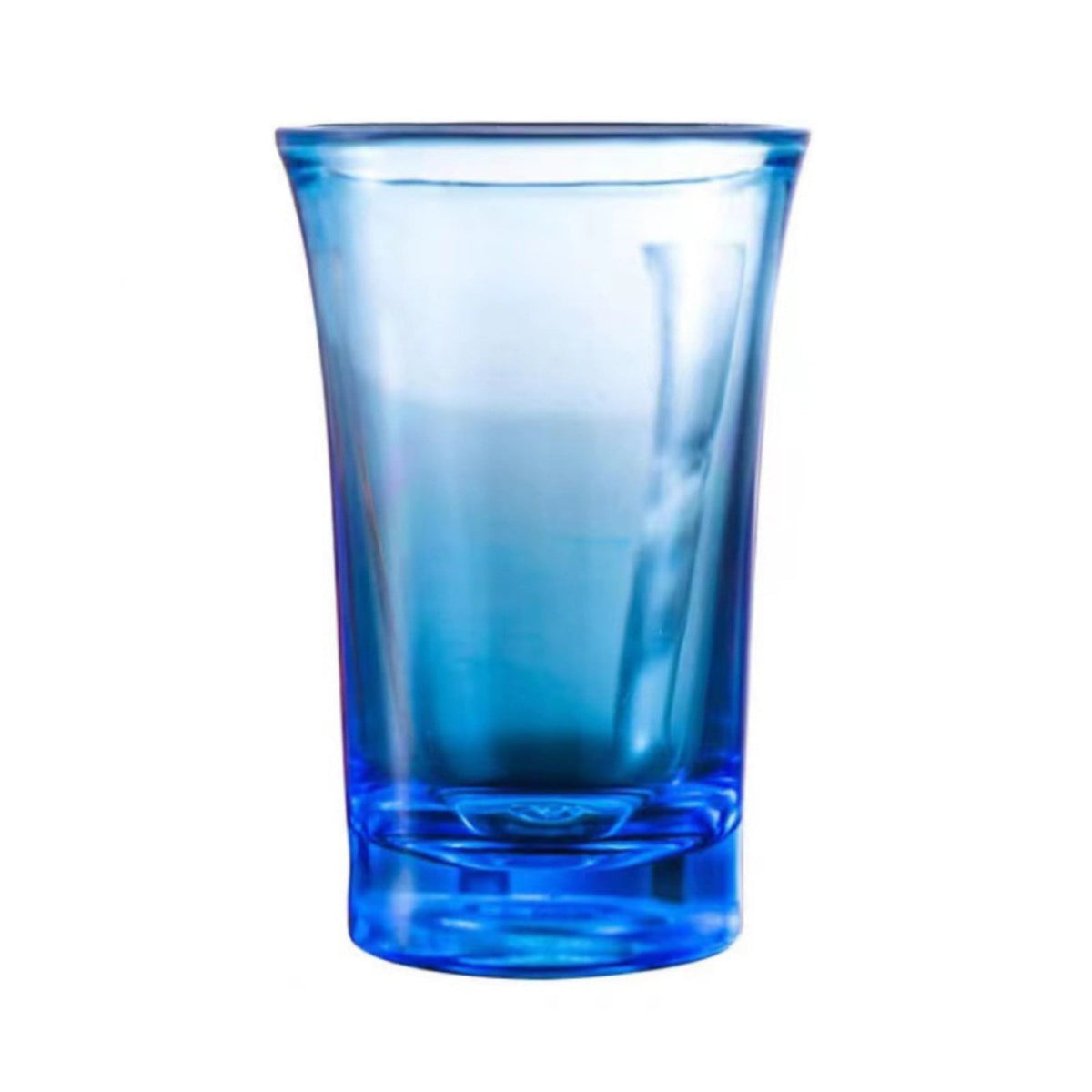 Blue shot glass with a heavy base, 1.2 oz capacity.