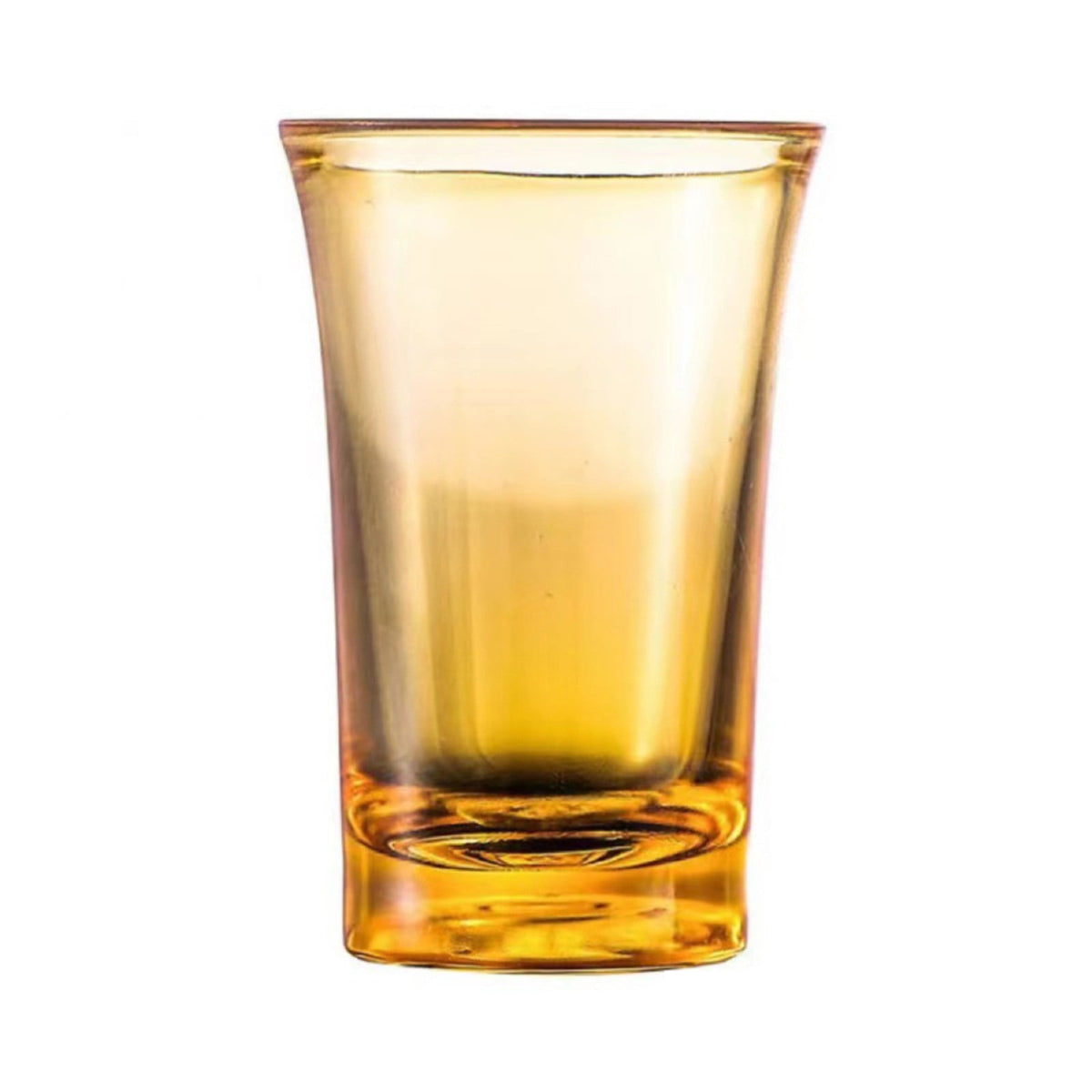Set of 1.2 oz multicolor and clear shot glasses with heavy bases.