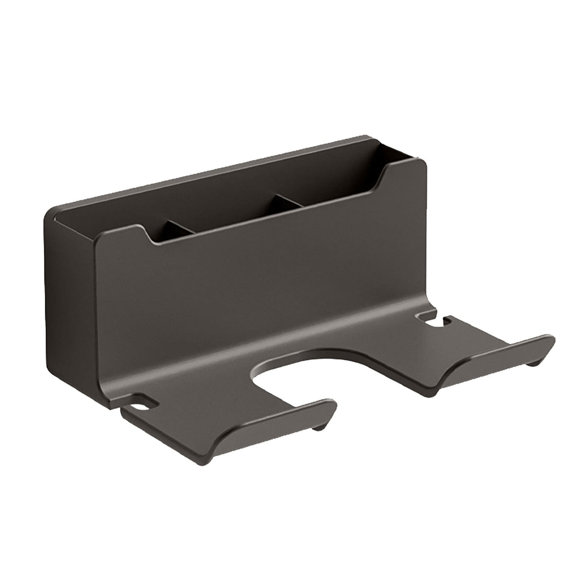 White wall-mounted hair dryer holder with curved design.
