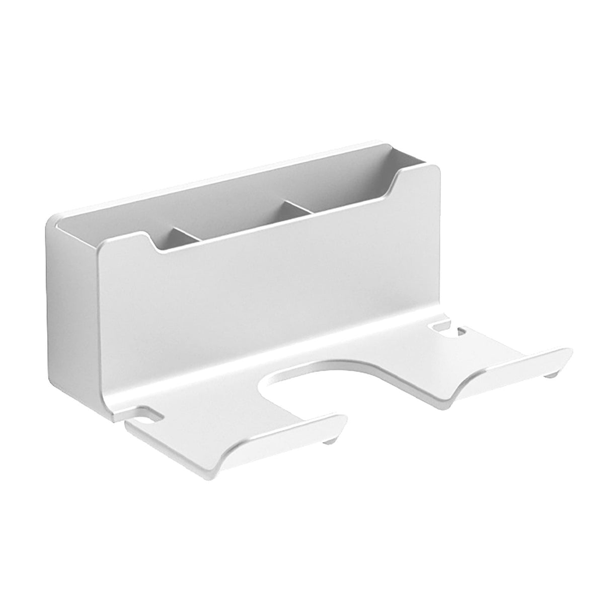 White plastic hair dryer holder mounted on a tiled wall.